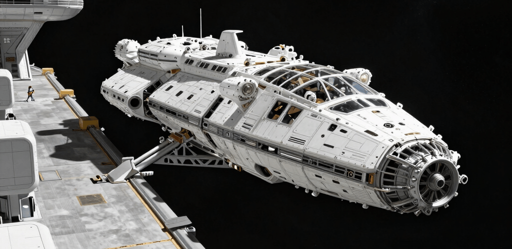 A grimdark scene of battle-worn iron-grey armor-clad soldiers standing on a shadowed asteroid base under a starry void.