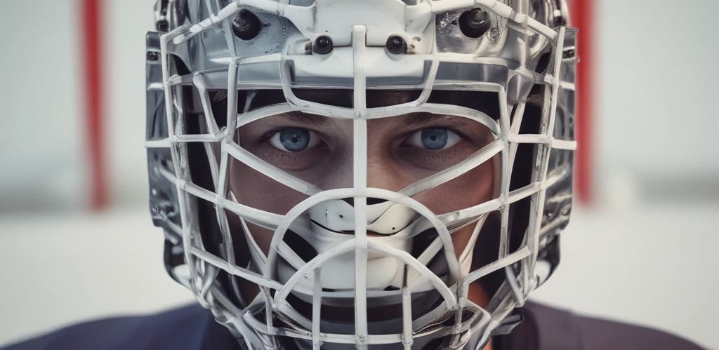 Close-up of a goalie wearing a mask with the dangler connect system fastening the neck guard firmly.