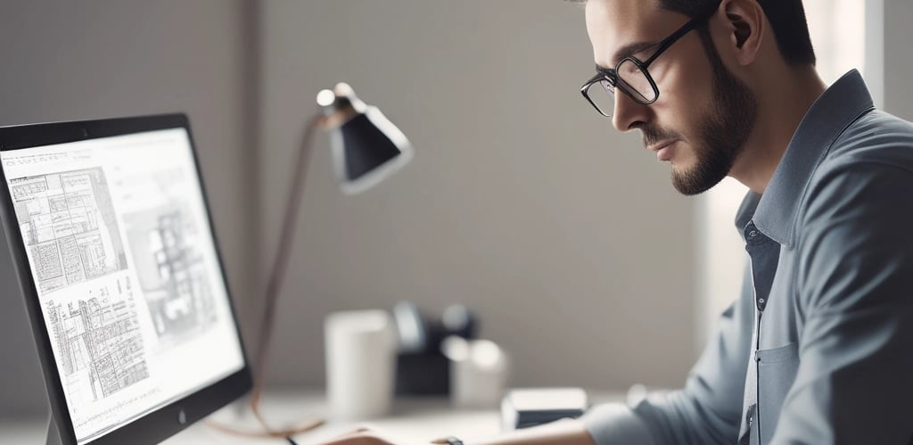 a man sitting at a desk with a computer and a pen