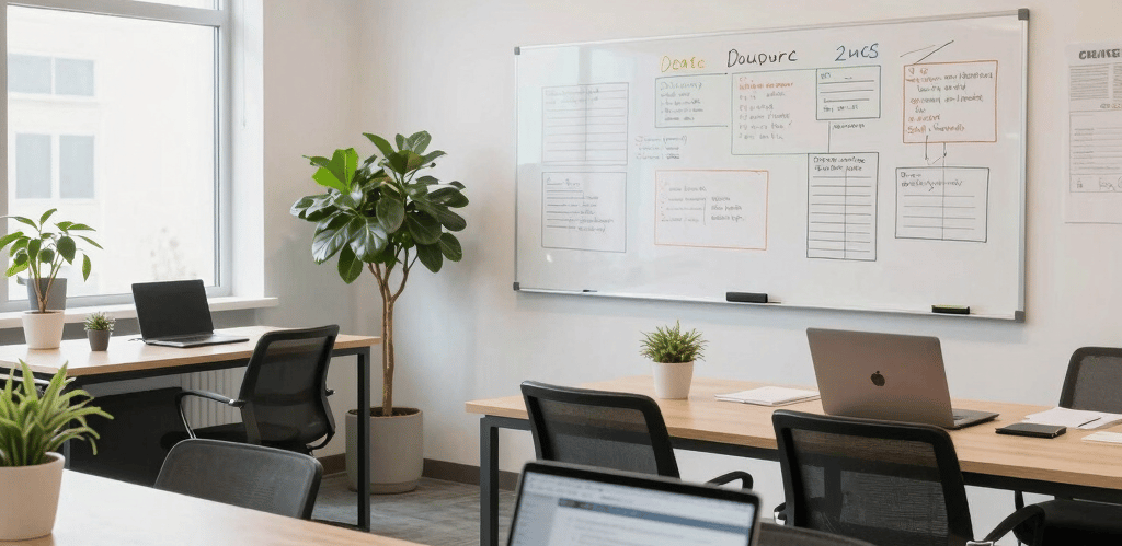 A professional team discussing redevelopment plans around a conference table with blueprints and legal documents.