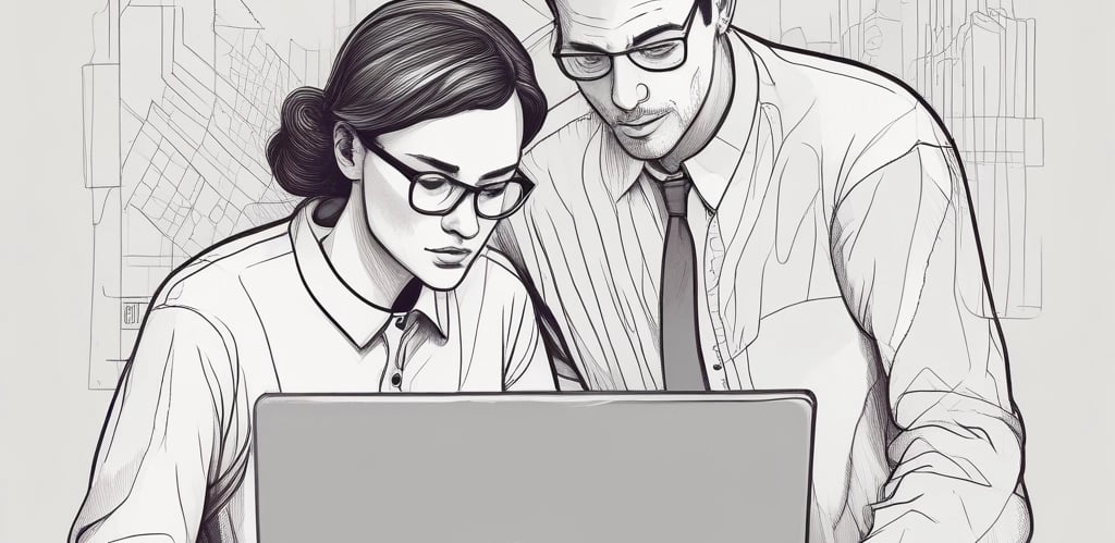 A friendly team collaborating over laptops with code and flowcharts on screens in a bright office.