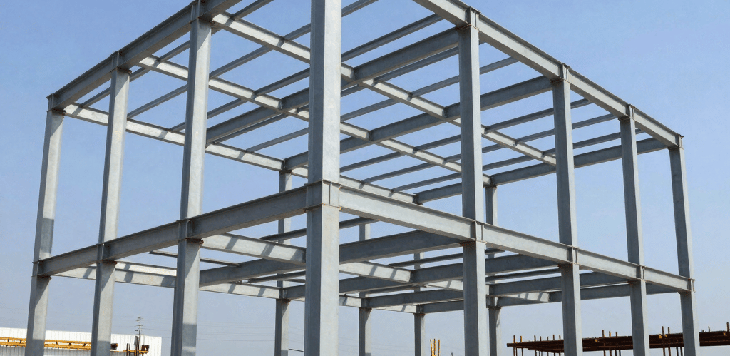 Photo of a busy construction site with workers collaborating on a modern commercial building frame.