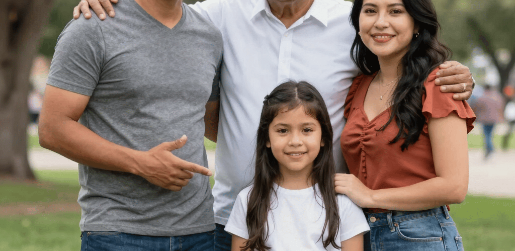 A caring insurance agent warmly discussing options with a smiling family in a bright, welcoming office.