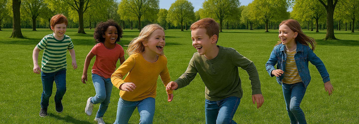 vijf spelende kinderen op het speelveld in het Schoterbos in Haarlem Noord