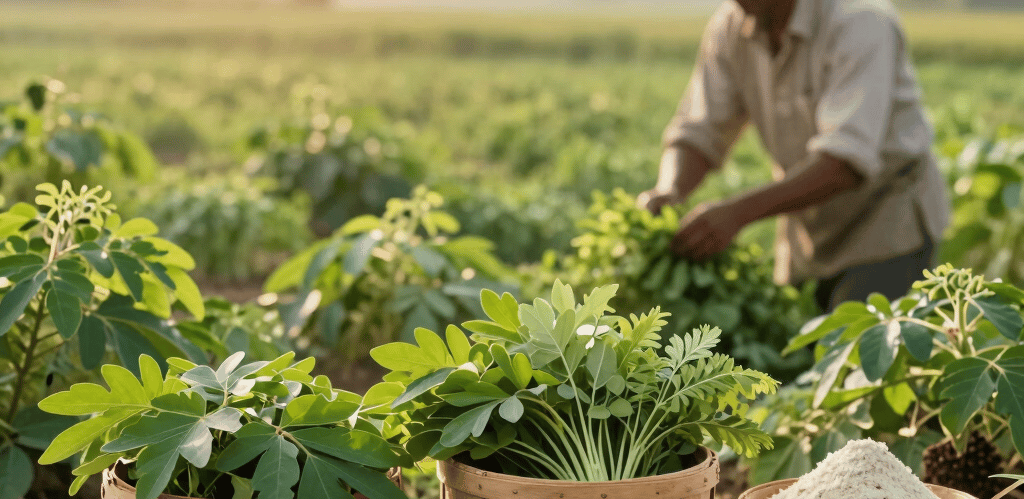 A sunlit field of organic grains swaying gently under a clear blue sky, reflecting natural growth and care.
