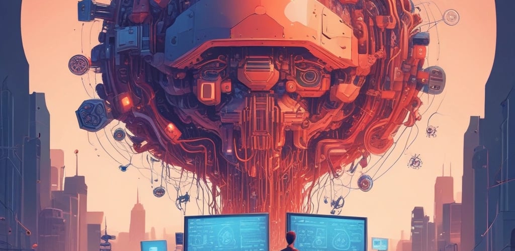 Portrait of Antonio Galgano Votta working on a laptop with cybersecurity icons floating around.