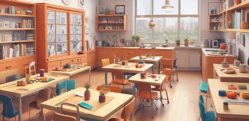 Children happily playing and learning in a colorful playground with red, blue, and yellow elements.