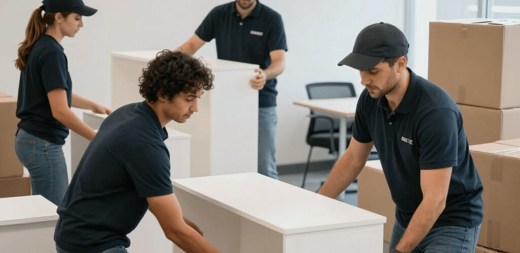 A friendly moving team loading a truck at sunset, showing dedication and care.