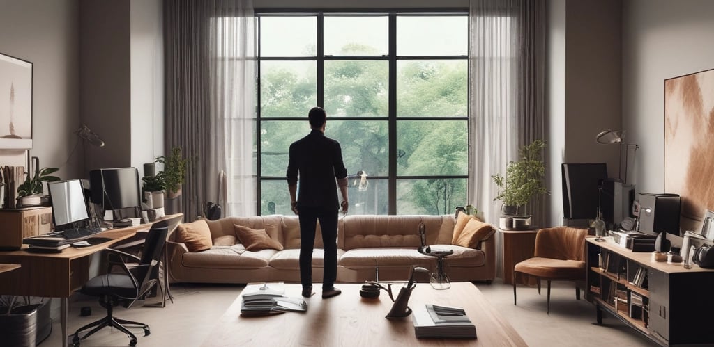 A sleek, modern workspace bathed in soft light with design sketches and a laptop open, reflecting a high-end creative environment.