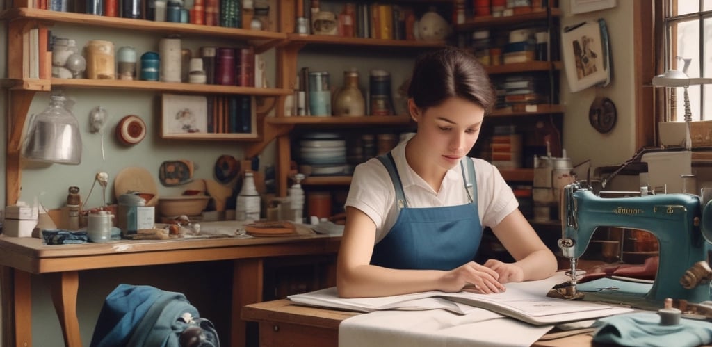 Artisan carefully hand-stitching a velvet cushion in a cozy rustic-modern workshop.