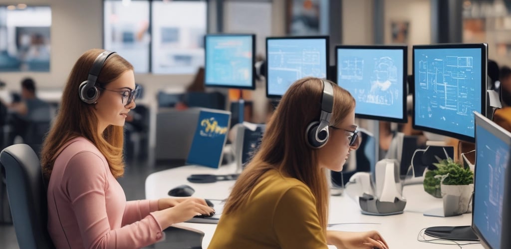 A team of professionals collaborating over laptops and digital devices in a bright, modern office.