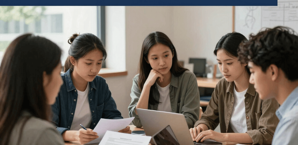 Students meeting with an international consultancy for study abroad opportunities and academic planning.