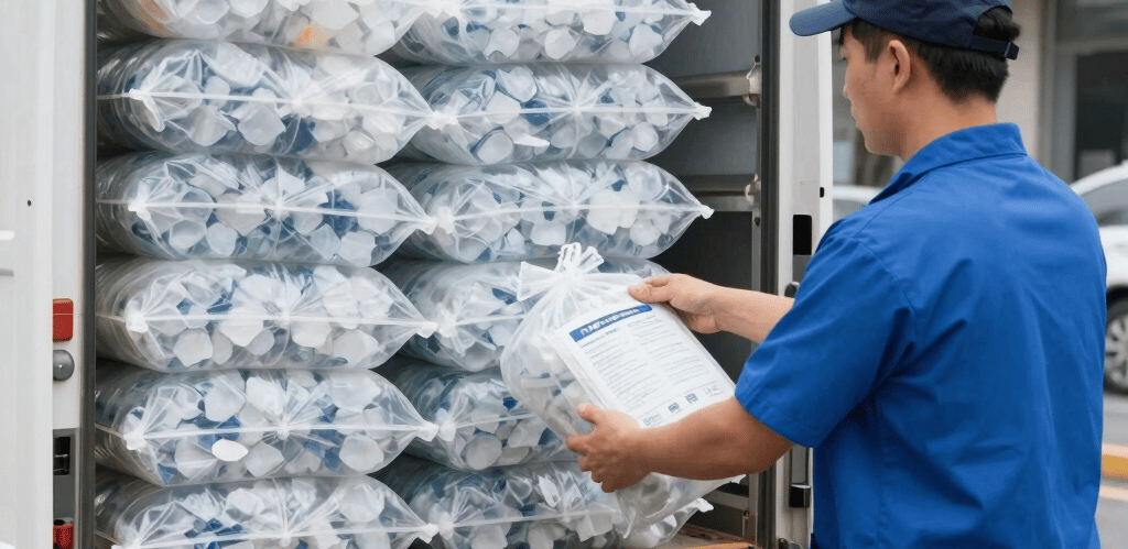 A friendly local team delivering clear, sparkling ice bags to a small neighborhood restaurant.