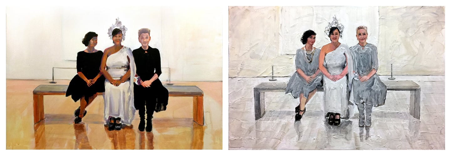 Tandem paintings of Karim, Suzette, & Cynthia 24" x 36" each. Acrylic on canvas, 2020