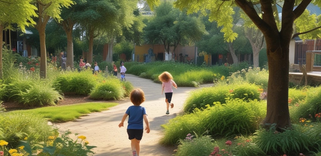 A group of joyful Mexican children eating fresh fruits in a sunny community garden.