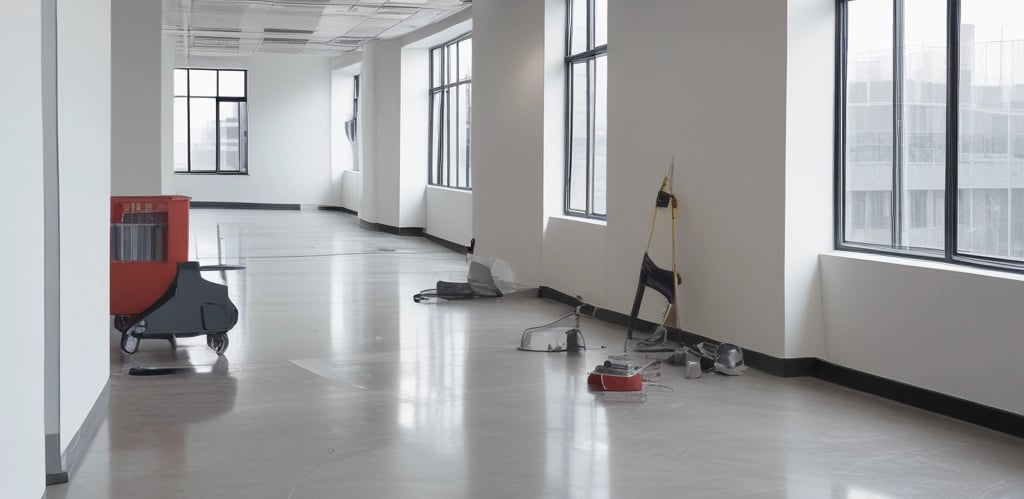 Professional cleaner wiping a large office window with a squeegee on a sunny day.