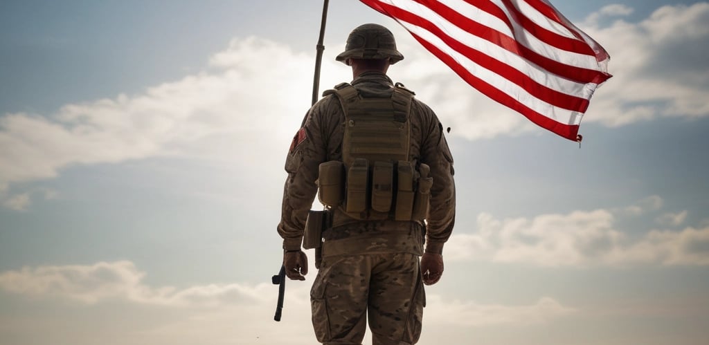 A team of engineers collaborating over blueprints with military gear in the background.