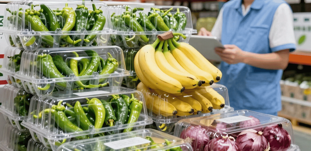 A bright, spacious warehouse stacked with crates of fresh vegetables ready for distribution.
