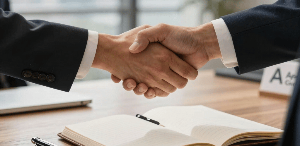 A friendly team collaborating over laptops with charts and digital devices in a bright, modern office.
