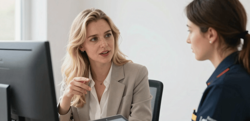 A professional woman in a modern office environment, engaging warmly with a client, symbolizing trust and personalized service.