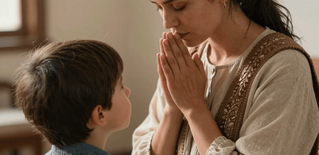 A gentle illustration of a mother reading a devotional with her child in a cozy, pastel-colored room.