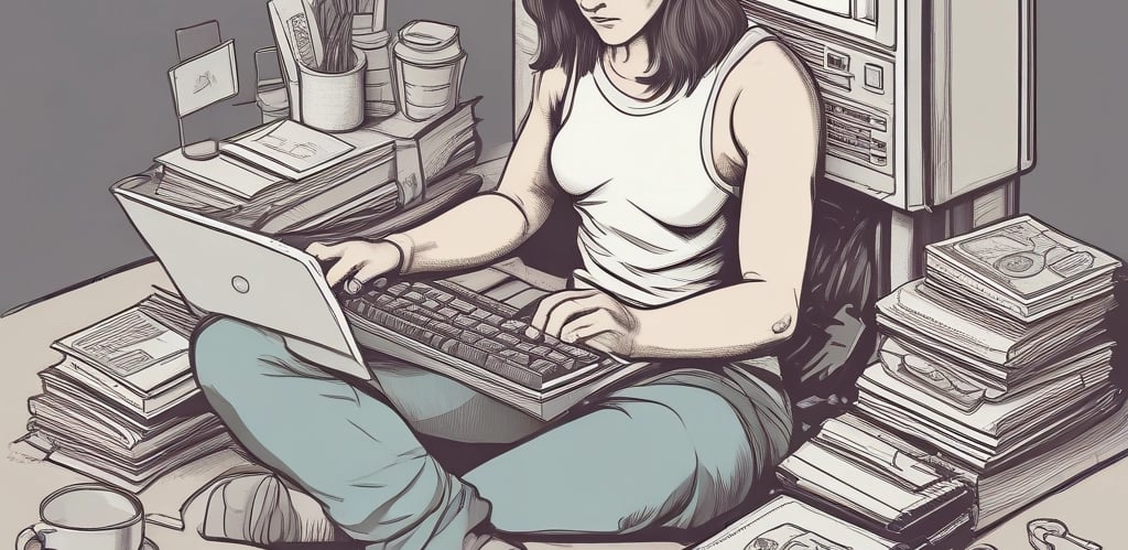 A cozy workspace with a laptop displaying news articles, a cup of coffee, and a notepad filled with sports and finance notes.