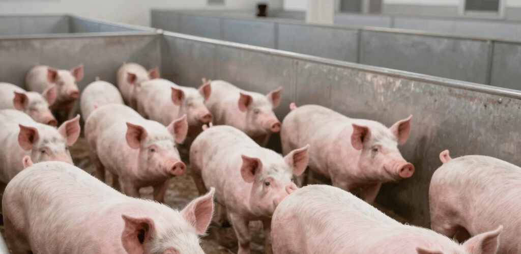 A friendly South Carolina farmer inspecting healthy pigs in a sunny pasture.