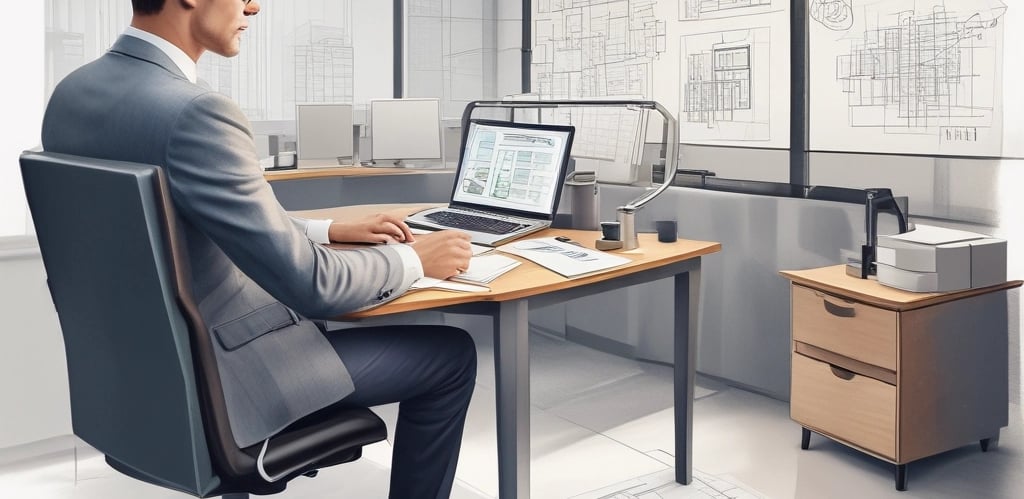 A professional consultant discussing project details with clients in a modern office with teal accents.