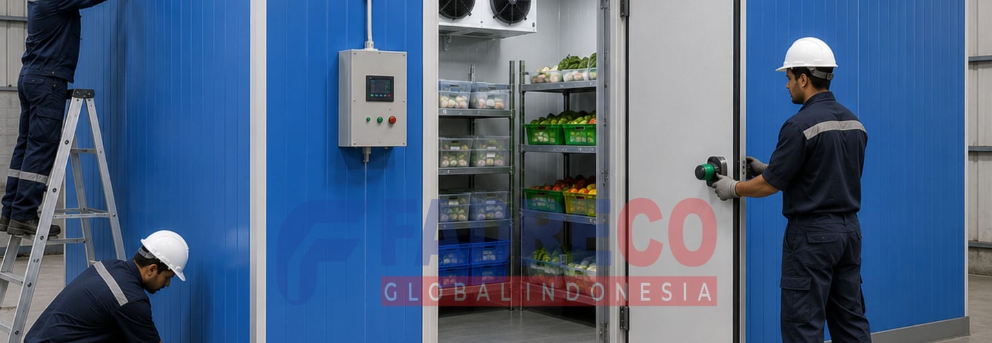 Technicians installing a blue industrial walk-in cold storage room with shelving for fresh produce.