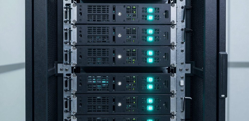 A team collaborating over laptops and digital devices in a bright, modern office space.