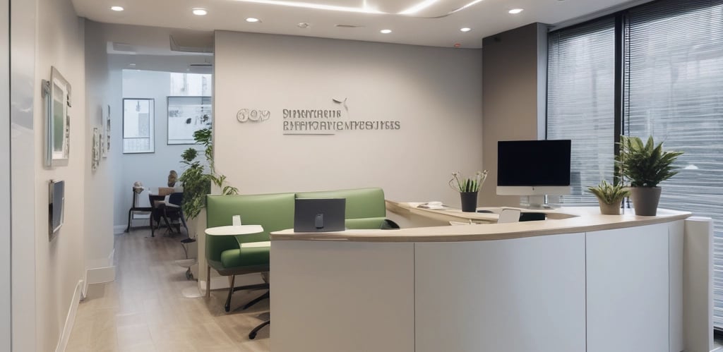 A friendly dental office environment with a dentist and assistant using a computer showing AI software.