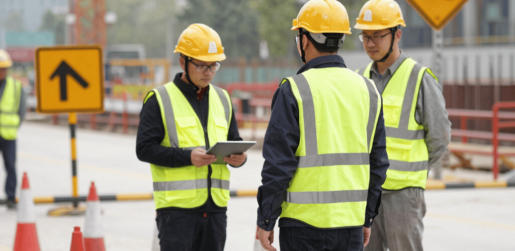 Industrial workers wearing reflective vests and helmets inspecting a construction site with traffic cones and safety signs.