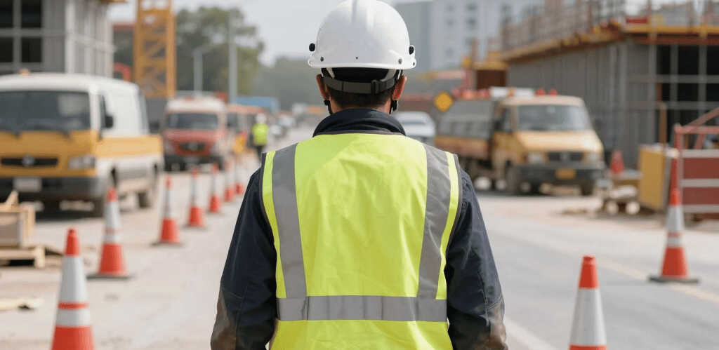 Industrial worker wearing reflective vest and helmet on a busy construction site with traffic cones around.