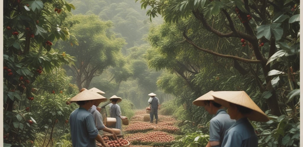 A cozy coffee roasting workshop with bags of fresh coffee beans and a roaster in action.