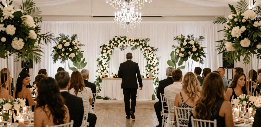 A lively event scene with guests joyfully using a modern photo booth surrounded by warm lighting.