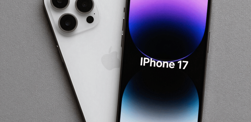 A sleek iPhone 17 resting on a wooden desk with a notebook and pen nearby, symbolizing learning and tech expertise.