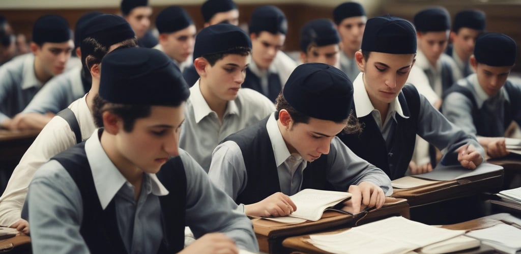 A serene modern classroom with students engaged in Torah study, bathed in soft natural light.