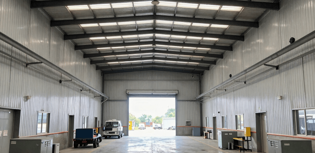Long industrial building with graffiti under clear sky