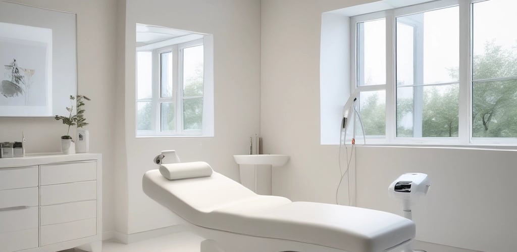 A friendly laser technician gently treating a smiling client in a bright, clean clinic room.