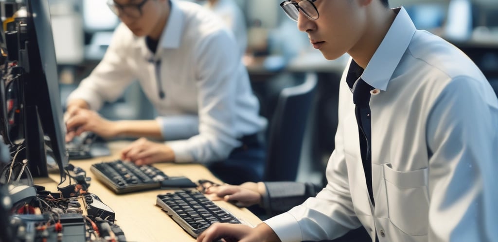 A friendly team collaborating over laptops with olive green and warm cream accents in a modern office.