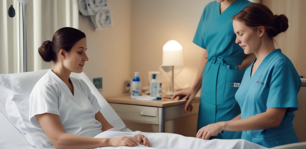 A diverse group of nurses warmly interacting in a bright, modern healthcare setting.