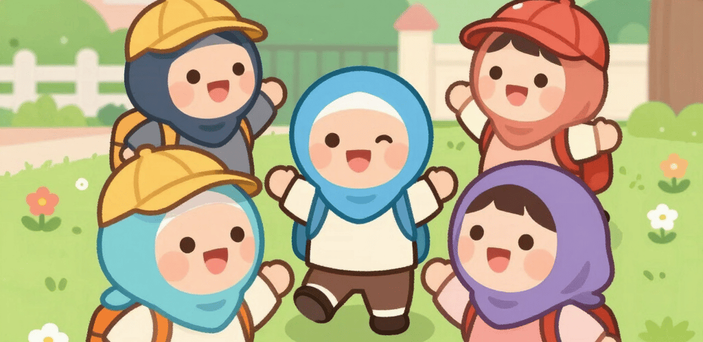 Children sitting in a colorful classroom, attentively listening to their teacher during an Islamic storytime session.