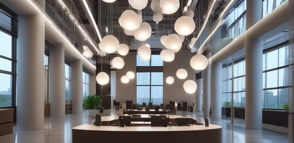 Modern interior well lit with glowing spherical lights at night.