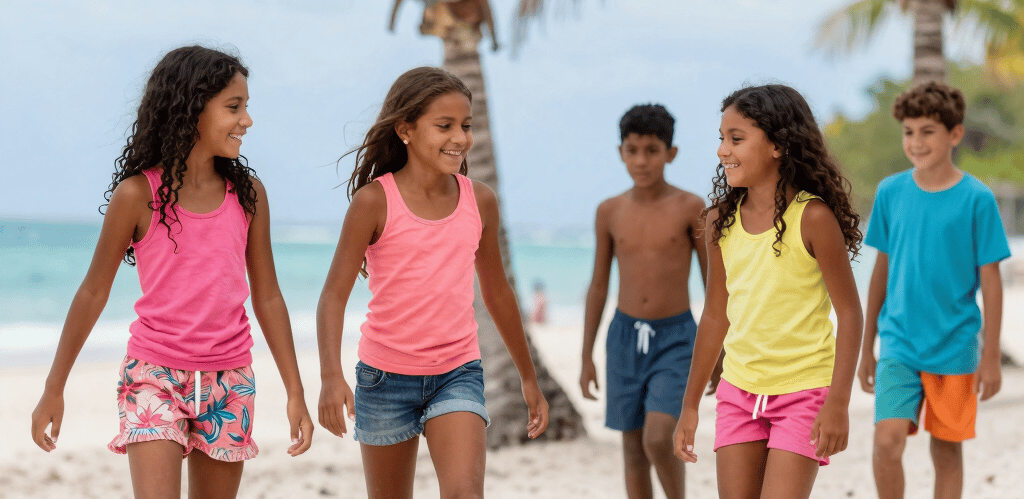 Children playing joyfully in a sunny garden at Hope Haven Belize.