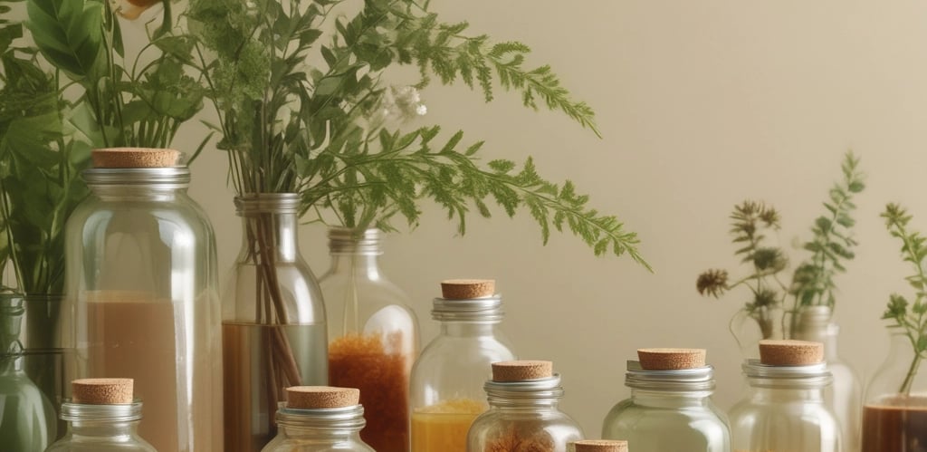 A warm, inviting photo of fresh Mexican herbs and natural products arranged on a rustic wooden table.