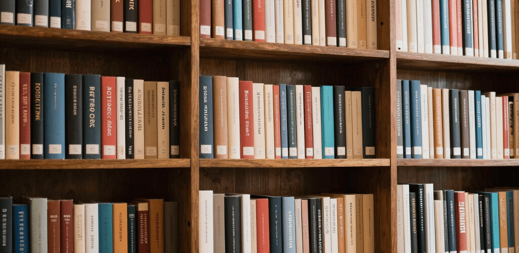A stack of hardcover books on a white desk in a library with a computer monitor and blurred bookshelves.