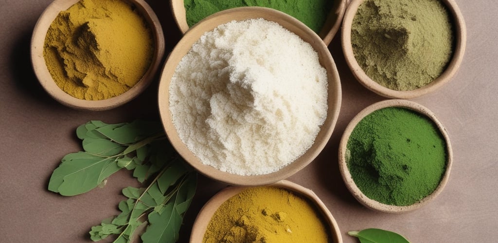 Close-up of vibrant green moringa leaves alongside rustic bowls filled with ginger and garlic powder on a wooden table.