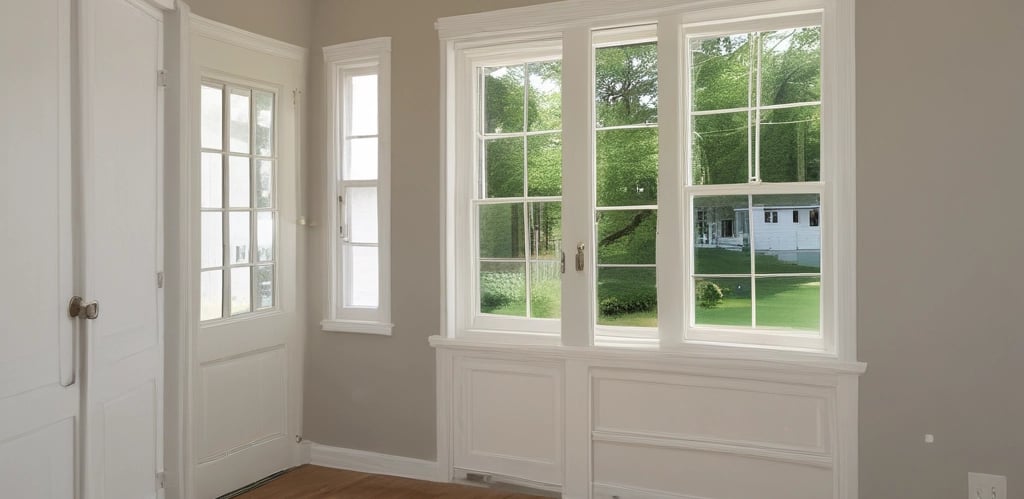 Empty modern room with hardwood floors, large white windows, and a ceiling fan with light.