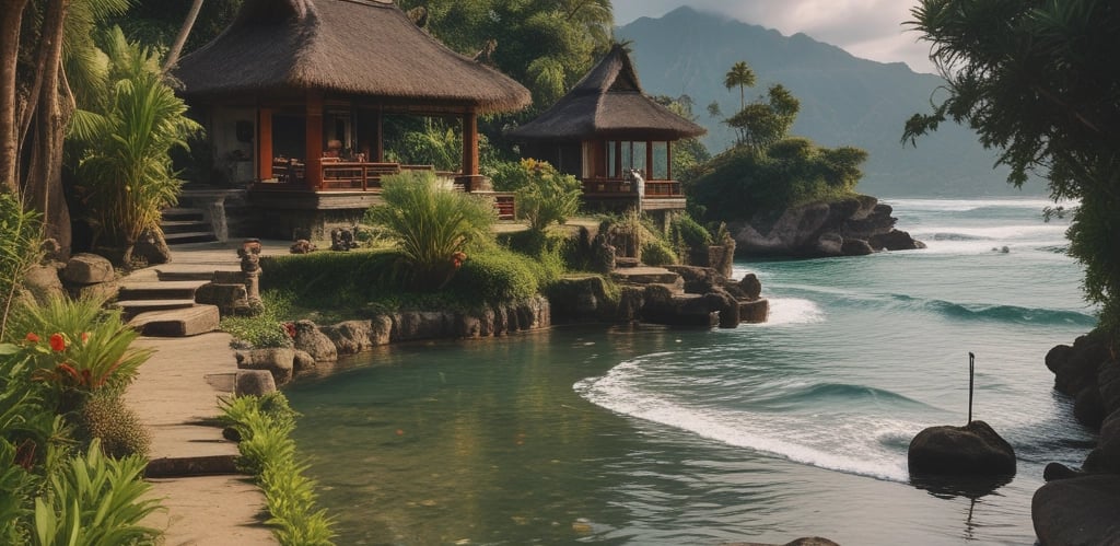 A vibrant beachfront villa surrounded by tropical palms under a golden sunset.