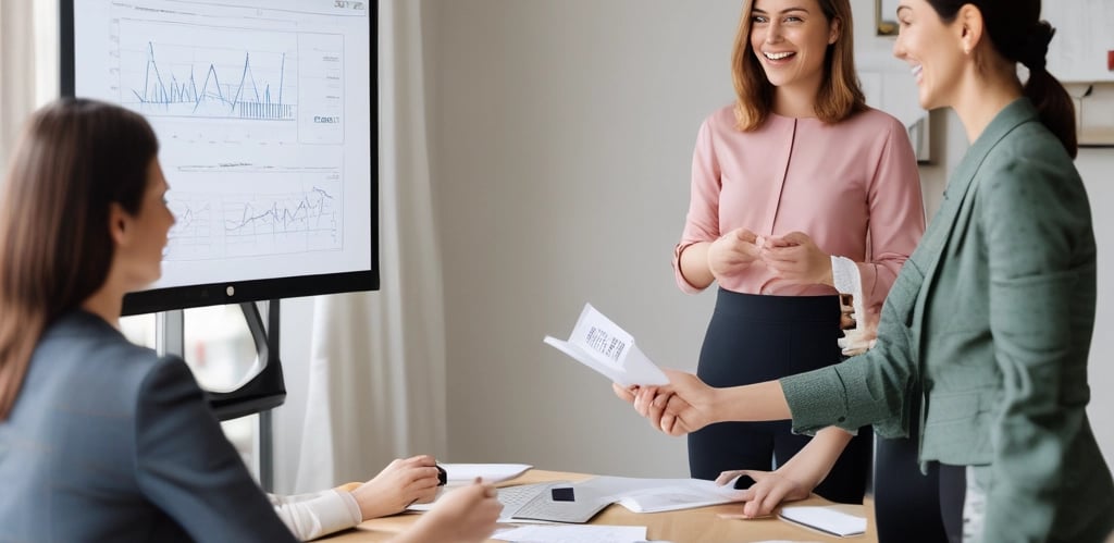 Professional accountant assisting a client with paperwork in a modern office.